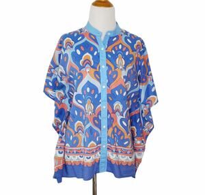 J. McLaughlin Button Front Poncho Printed Blue Orange Boxy Relaxed Women XS